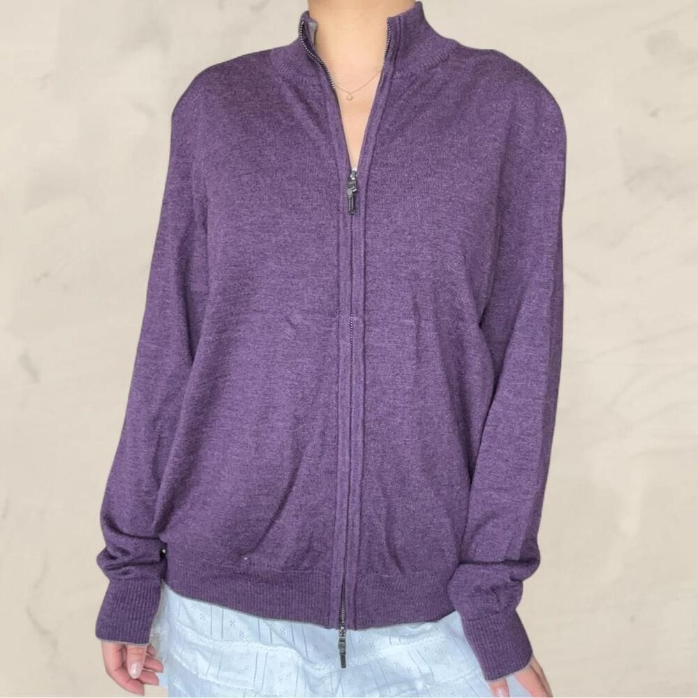 neiman marcus purple merino wool sweater zip up size large